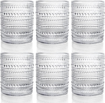 Set of 6 Romantic Water Glasses, 12 oz Hobnail Glasses Tumbler, Clear Embossed Vintage Glassware Set for Beer