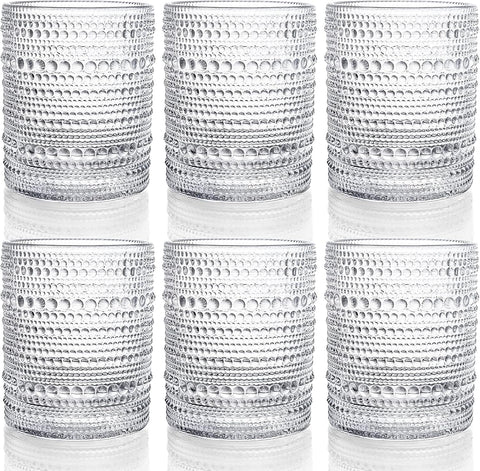 Set of 6 Romantic Water Glasses, 12 oz Hobnail Glasses Tumbler, Clear Embossed Vintage Glassware Set for Beer
