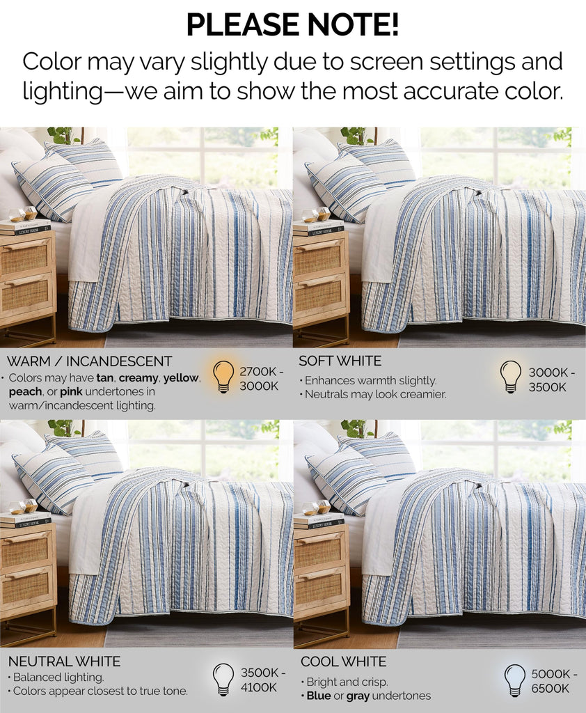 Oversized Quilt Set w/ 2 Quilted Pillow Shams, Blue Stripes Quilts