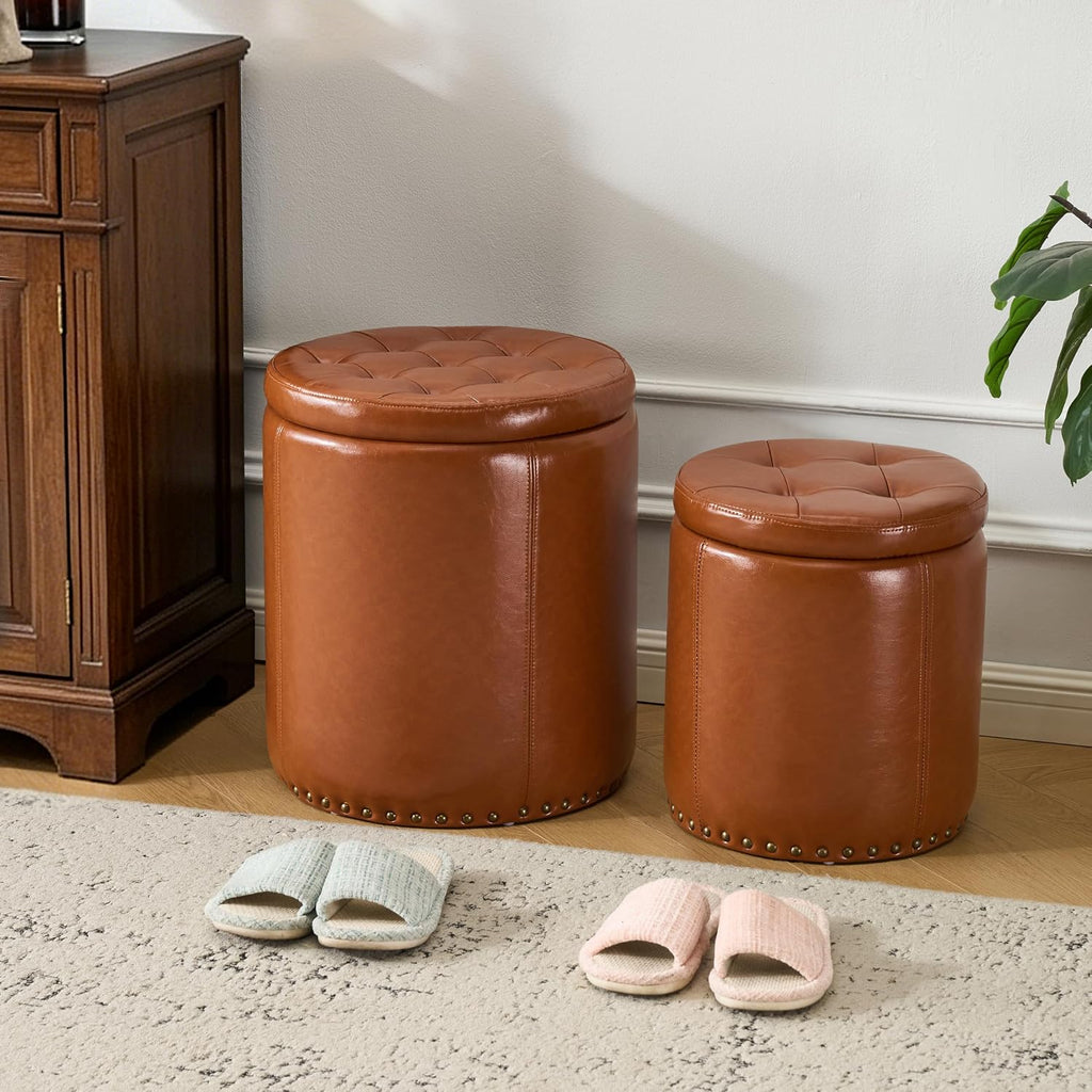Round Ottoman with Storage Set of 2, Faux Leather Button Tufted Vanity Stool, Storage Ottoman Coffee Table, Small