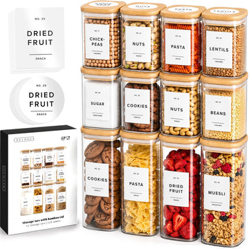Glass Pantry Storage Jars Containers with Bamboo Lids and Labels