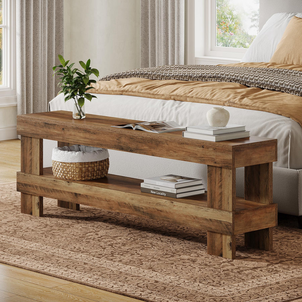 Farmhouse Entryway Bench, Rustic Brown 59-Inch Long Shoe Bench Seat with Open Storage Shelf, 2-Tier Narrow End of Bed