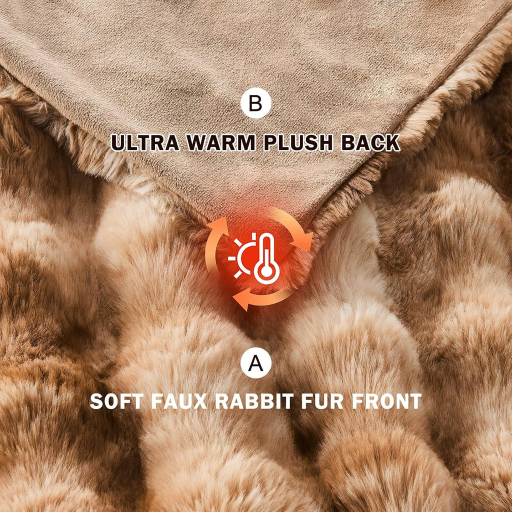 Faux Fur Blanket Queen Size Tie Dye Brown - Big Bubble Rabbit Cozy Blanket for Couch, Thick Furry Plush Shaggy