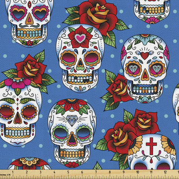Sugar Skull Fabric by The Yard, Retro Style Mexican Cultural Pattern on Polka Dots Rose Bouquets Skeletons