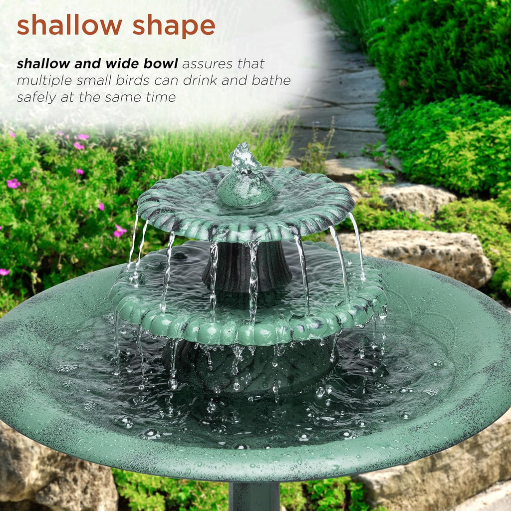 35" Tall 3-Tier Outdoor Pedestal Water Fountain - Durable Resin Cascading Water Feature and Birdbath, Green
