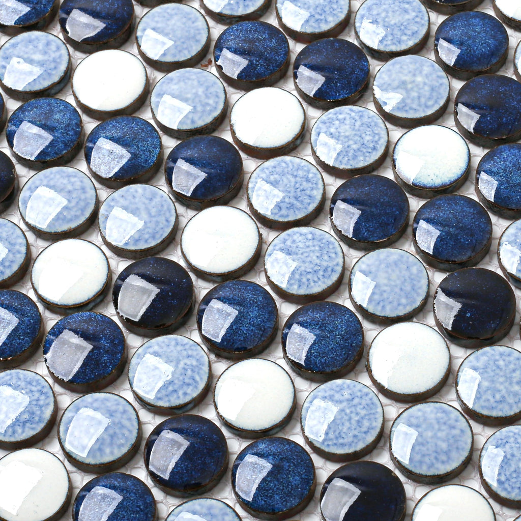 Penny Round Tile Navy Blue White Mosaic Tiles Wall Backsplash, Bathroom Floor, Accent Wall (Case of 5)