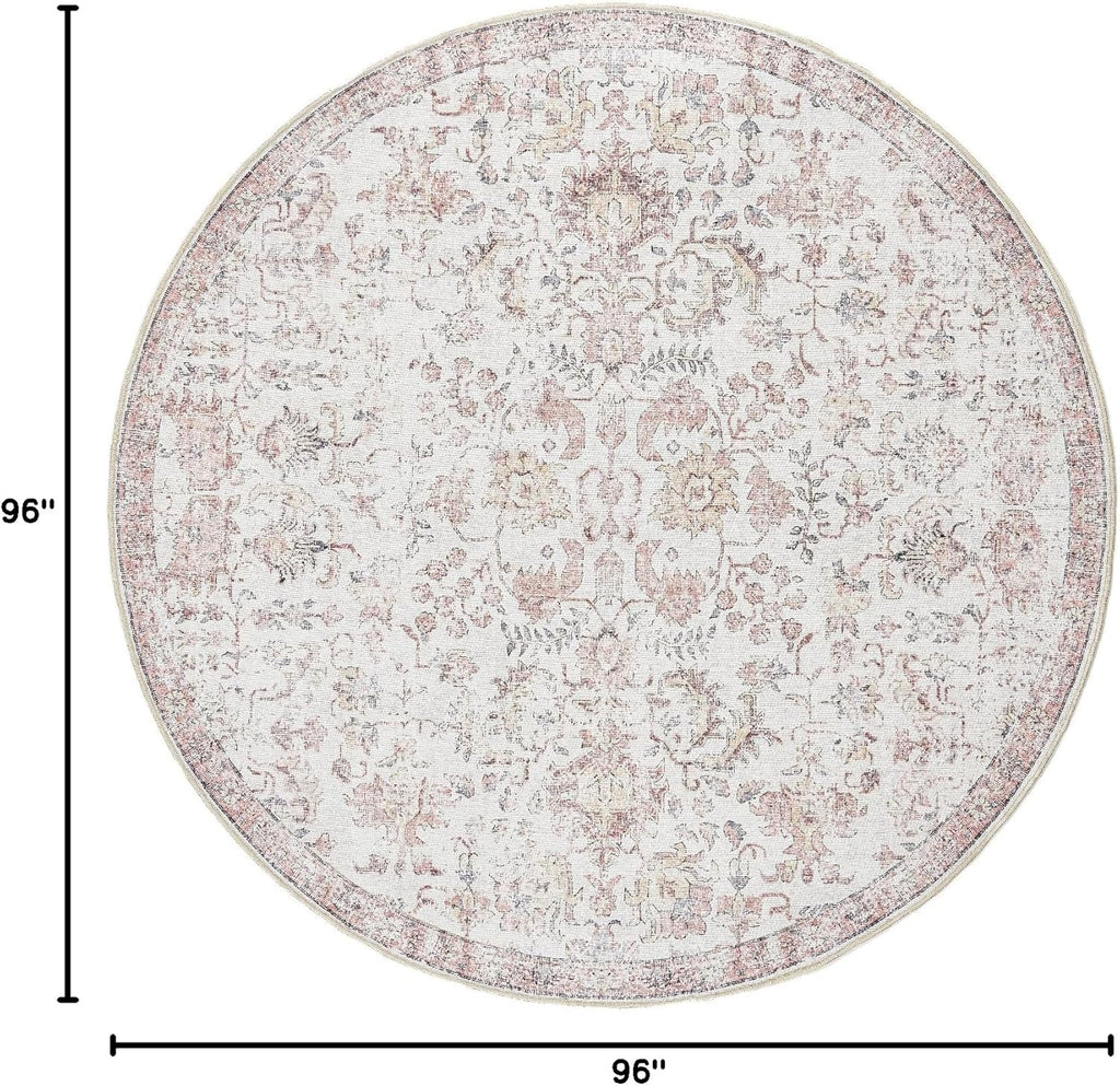 Kalen Round Rug 8ft Area Rug Washable Vintage Indoor Retro Accent Floor Cover Distressed Floral 8' R