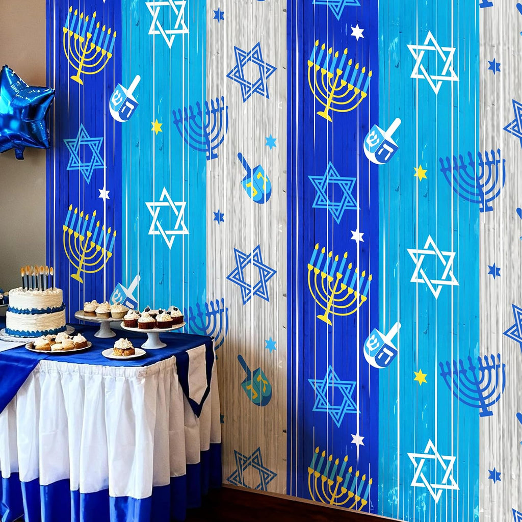 Hanukkah Decorations Backdrop Metallic Tinsel Foil Fringe Curtains, 2 Pack - Set of 2