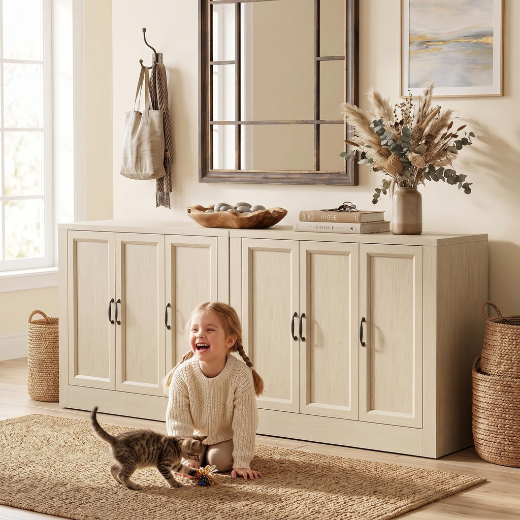 118" W Modern Buffet Cabinet, Modular Sideboard Cabinet with Baseboard Design & Adjustable Shelves, Sturdy Wood