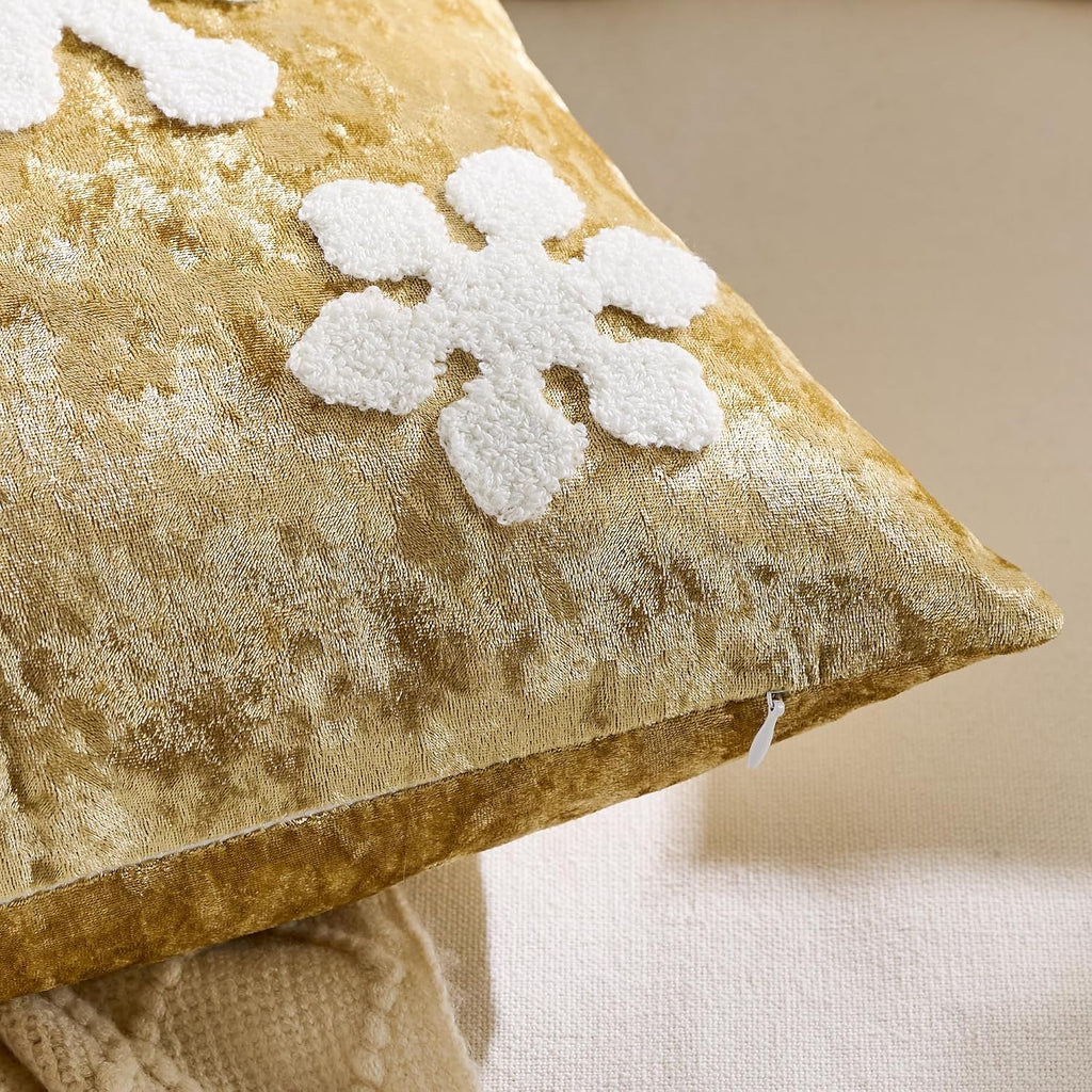 Christmas Snowflake Throw Pillow Covers 18x18 Winter Holiday Decorative Gold Embroidered Luxurious Velvet - Set of 2