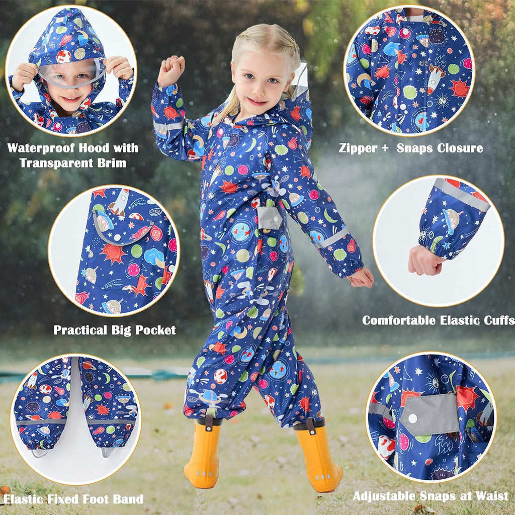 Kids Toddler Rain Suit for Boys Girls One Piece Hoodie Zipper Cartoon Waterproof Coverall Rain Jacket