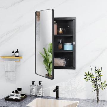 Plastic Black Medicine Cabinet 16x24 Beveled Mirror, Recessed/Surface Mount | Black Metal-Framed Bathroom Mirror