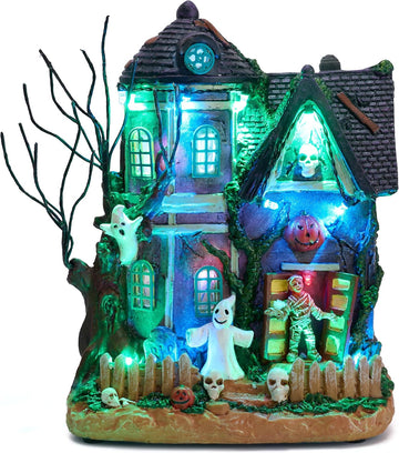 Halloween Decorations, Lighted Halloween Village Houses with Music and LED Lights, Resin Spooky Town Mummy's Haunted
