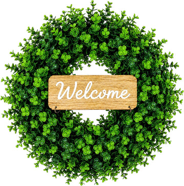 WHANLEY 20 Inch Boxwood Wreath for Front Door with Wooden Welcome Sign, Artificial Greenery Decor, UV Resistant