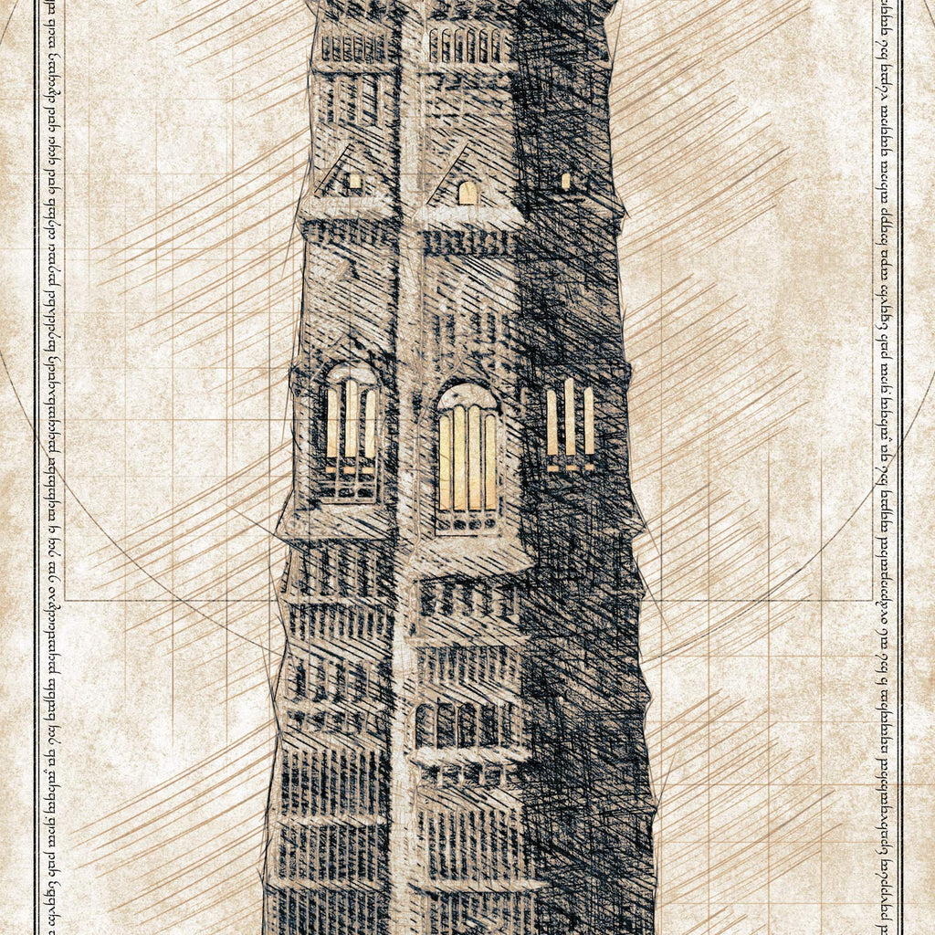 Tower of Orthanc - Da Vinci Style Sketch print - 36x11.75