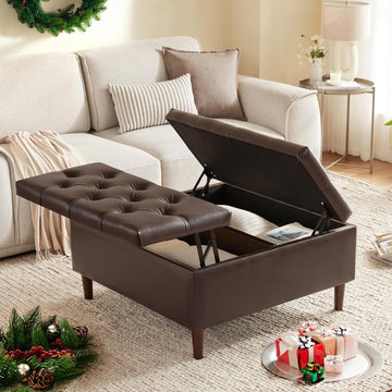 35" Large Storage Ottoman Coffee Table, Square Ottoman, Brown | Oversized Square Ottoman with Storage, No Assembly
