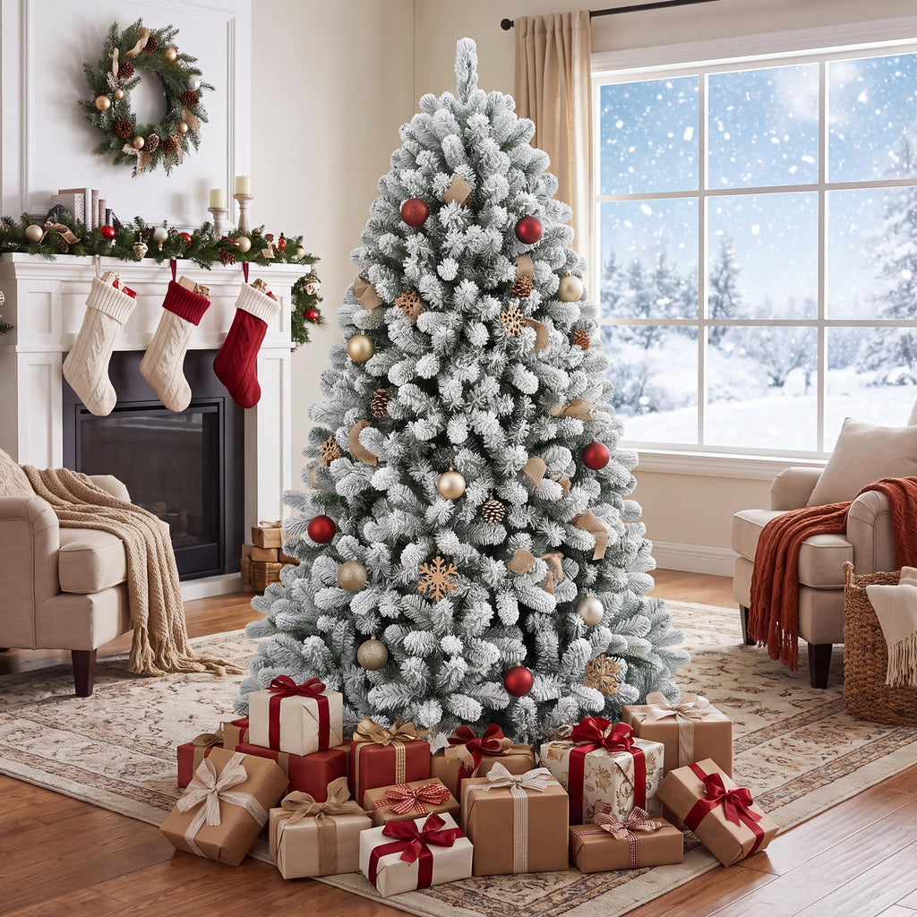 7.5ft Pre-Lit Snow Flocked Christmas Tree, Spruce Artificial Hinged Tree