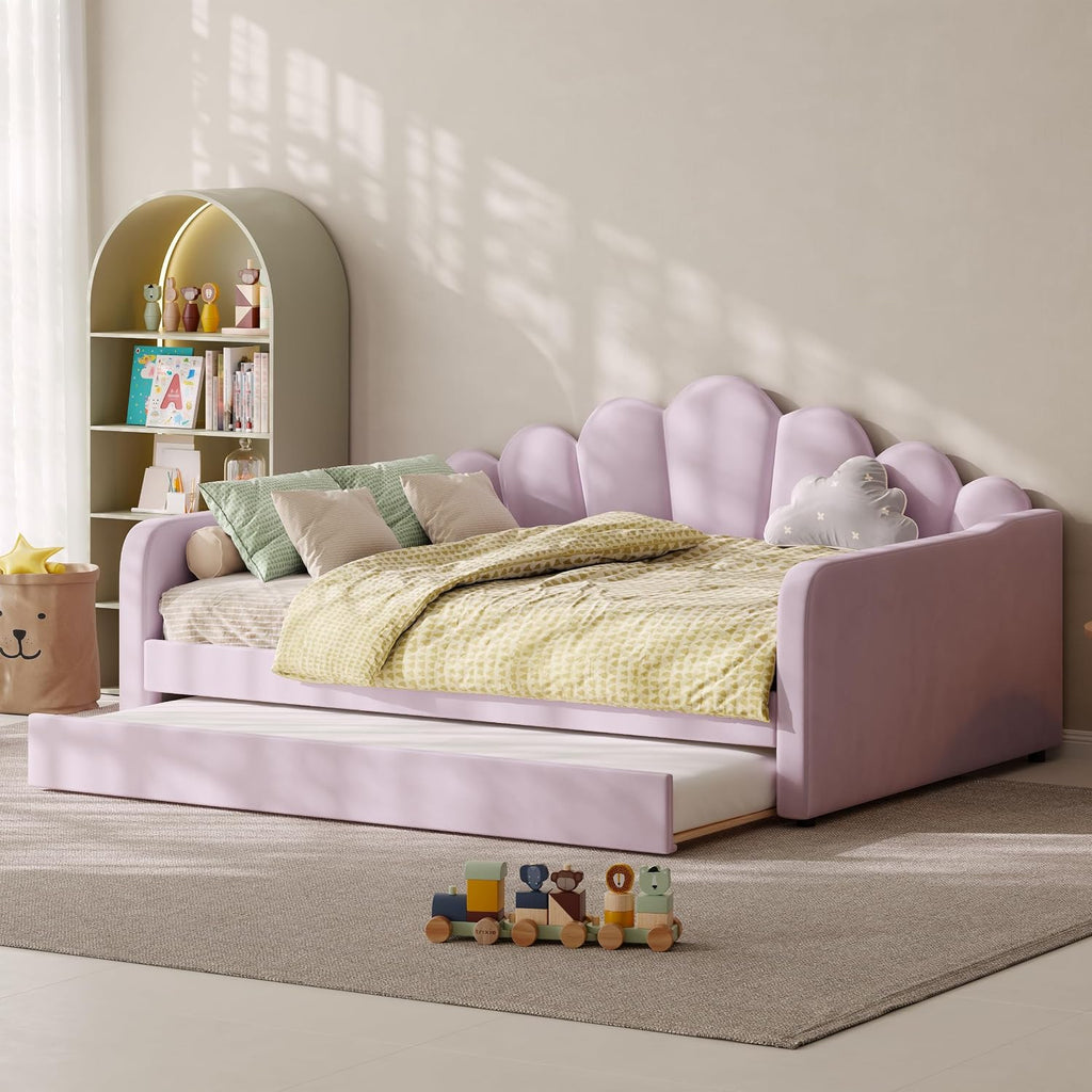 Queen Size Upholstered Daybed with Trundle, Velvet Corner Bed Frame with Shell Shaped Headboard for Kids Teens