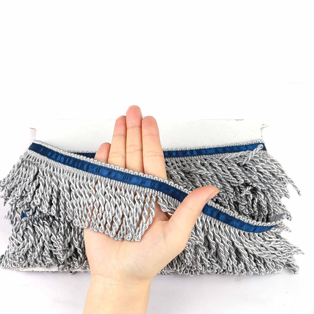 2.5" Wide Bullion Fringe Trim with Blue Ribbon,Silver - 5 Yard