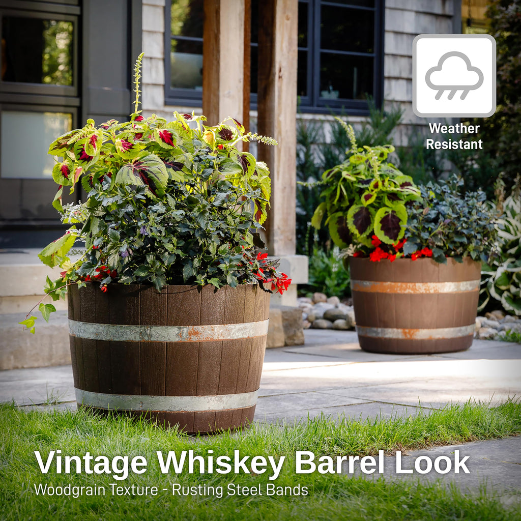Better Barrel 2-Pack, 24-Inch Outdoor Planter, Walnut - Rustic Whiskey Barrel Style Heavy-Duty Resin Pot with Rusting