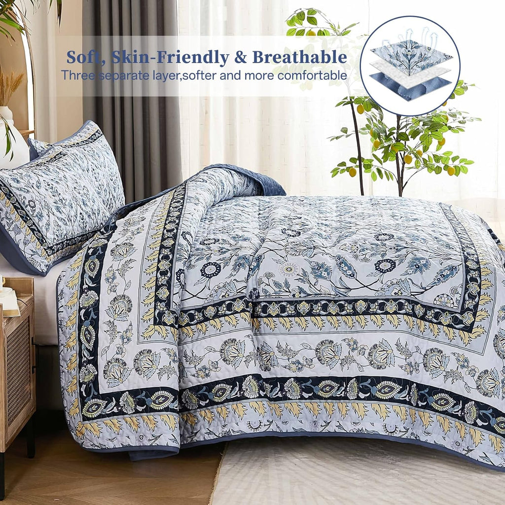 Queen Quilt Sets, Navy Blue Floral Quilt Set Queen 3 Pieces Boho Bedspread Coverlet Set with 2 Pillowcases Soft
