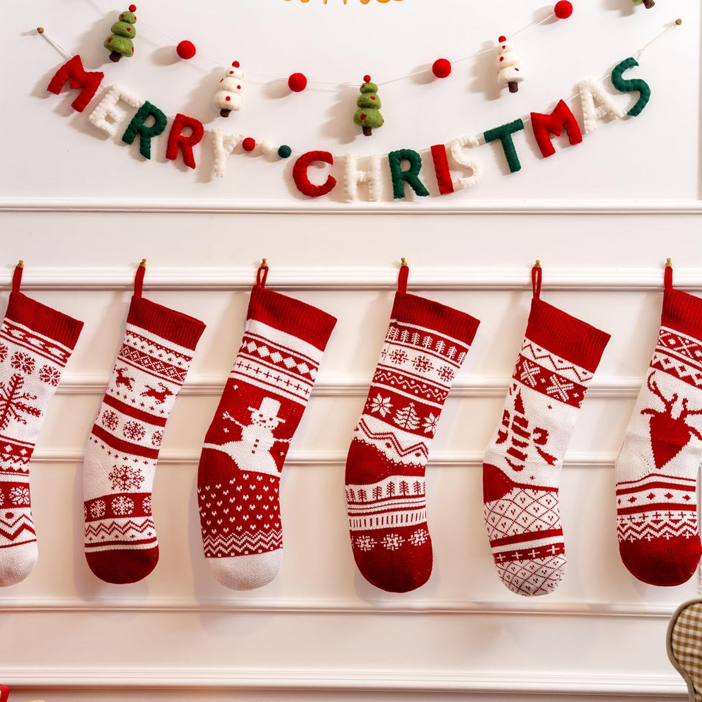 18" Christmas Knit Stockings, Large Rustic Yarn Xmas Stockings Bulk, Cable Knit Xmas Stockings with Snowflake - Set of 6