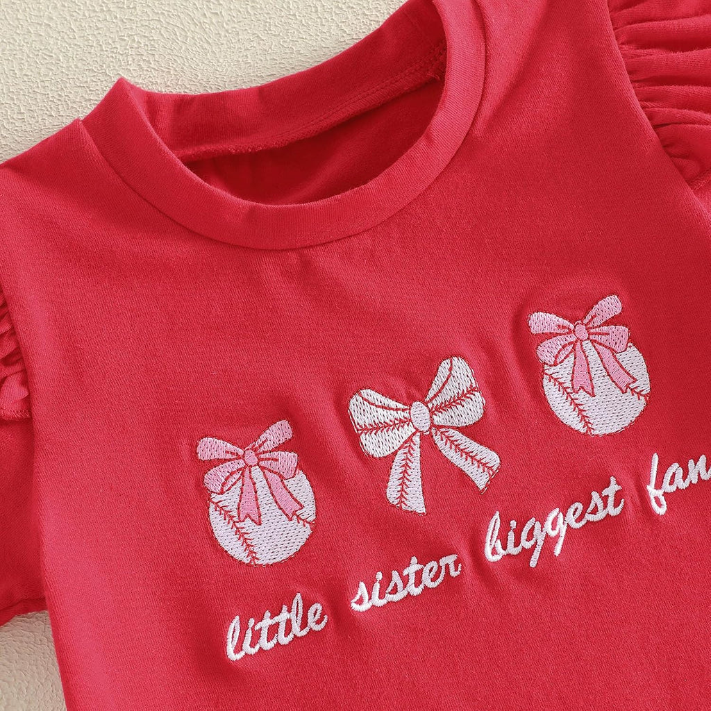 Toddler Baby Girl Baseball Outfits Short Flutter Sleeves T-Shirt Pullover Tops Stripes Bows Flared Pants 2Pcs Clothes