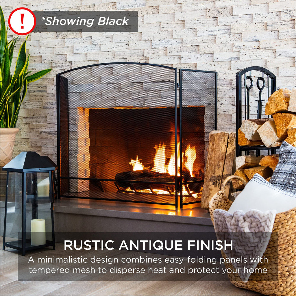 47.5x27.25in 3-Panel Simple Steel Mesh Fireplace Screen, Fire Spark Guard Grate Home Decor w/Rustic Worn Finish
