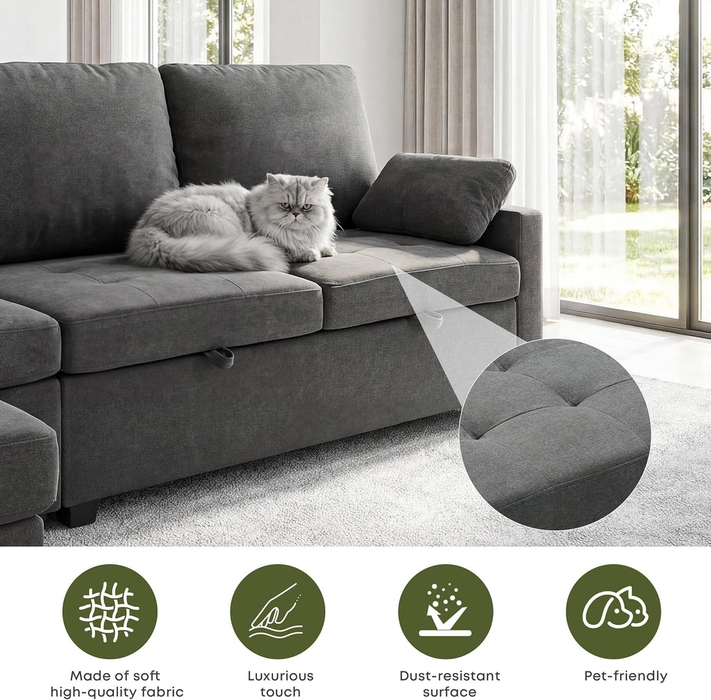 82" Pull Out Couch with Storage, Sleeper Sofa, 5 Seat L Shaped Sectional Couches , Modular Sectional Couch with
