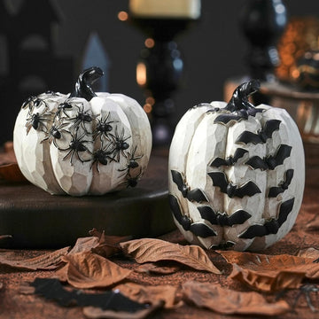 Black and White Pumpkins with Bats for Halloween Indoor Decor - Set of 2