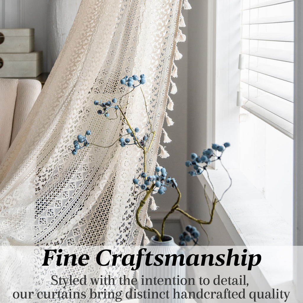 Beige Boho Lace Sheer Curtains 84 inches Long, Crochet Macrame Semi-Sheer Bohemian Drape with Tassels, Cream Farmhouse
