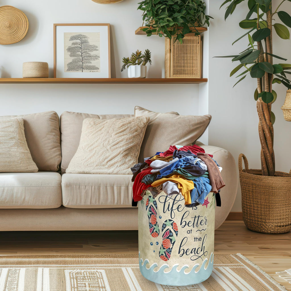 Funny Beach Laundry Basket Oxford Cloth Foldable Hamper 18.9x16.5 Inch
