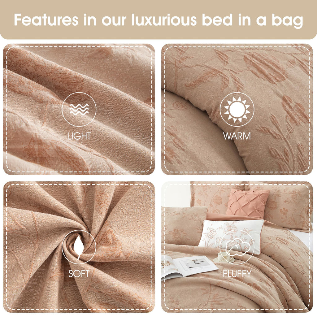 Floral Comforter Set, Blush 7 Pieces Jacquard Bedding Set, Cotton &Polyester Bedding, All Season