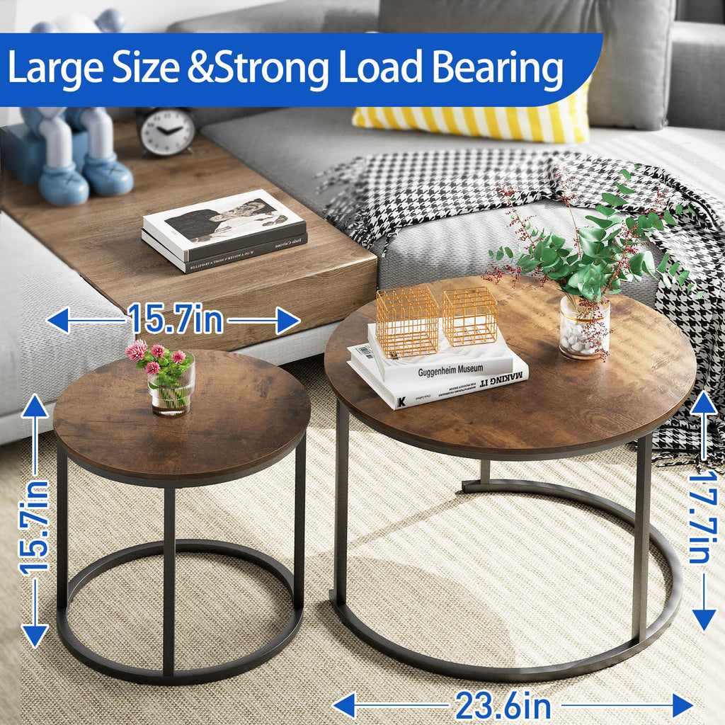 Coffee Nesting Round Set of 2 Side with Sturdy Metal Frame Bedroom Apartment Modern Industrial Simple