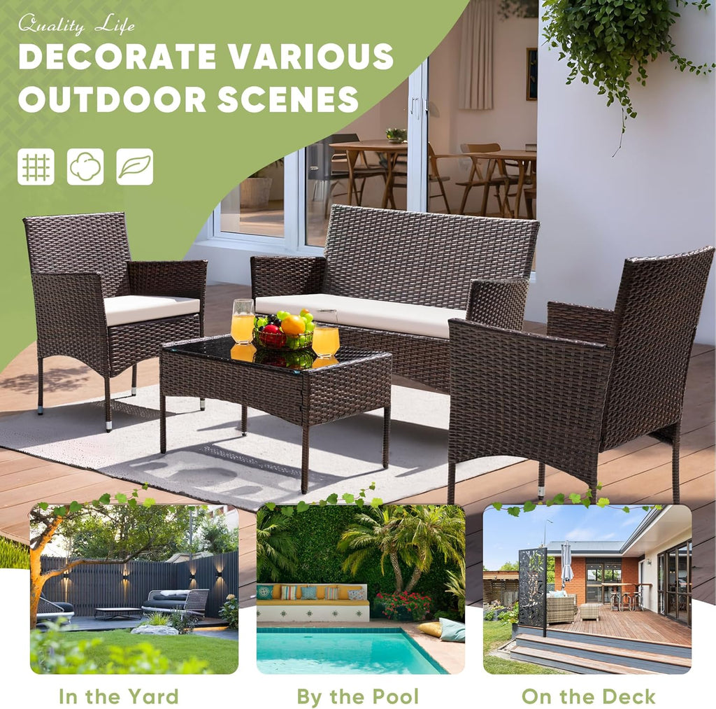 Greesum Patio Furniture 4 Pieces Conversation Sets Outdoor Wicker Rattan Chairs Garden Backyard Balcony Porch Poolside