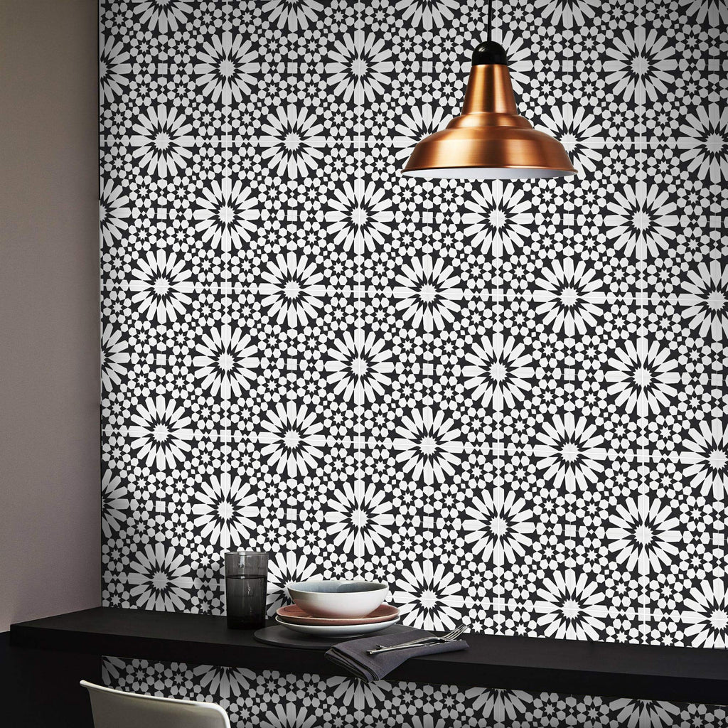 Agdal Handmade Cement Tile in Black and White, 8"x8, 5 Sq Ft