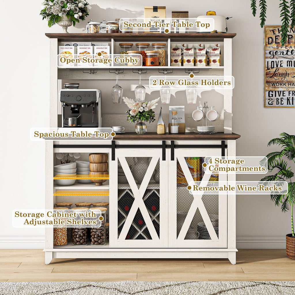 47" Wide 56" H Farmhouse Coffee Bar Cabinet with Power Outlet and LED Light, Wine Bar Cabinet w/3 Storage Hutch(White)