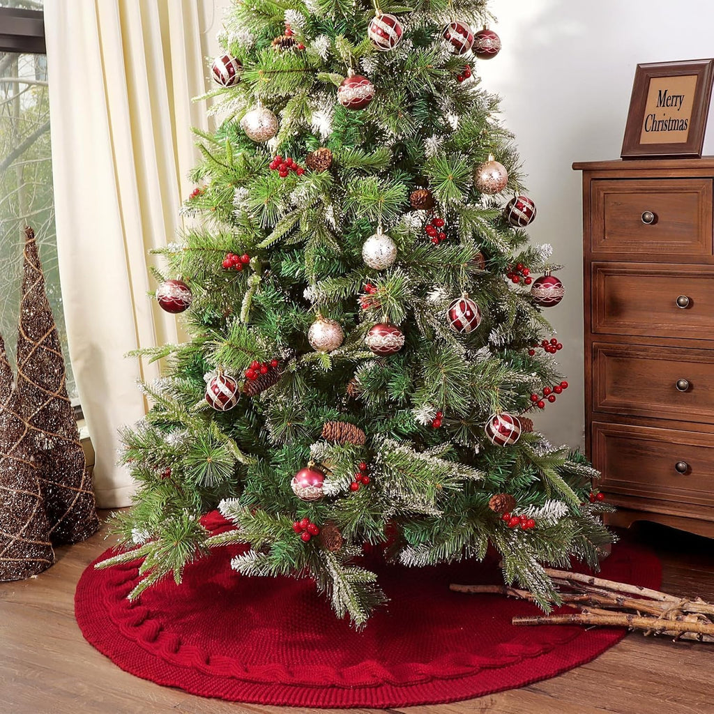 48 Inch Christmas Tree Skirt: Cable Knit Tree Skirt for 7.5FT Tree, Wine Red Tree Skirt, Vintage Tree Skirts, Rustic