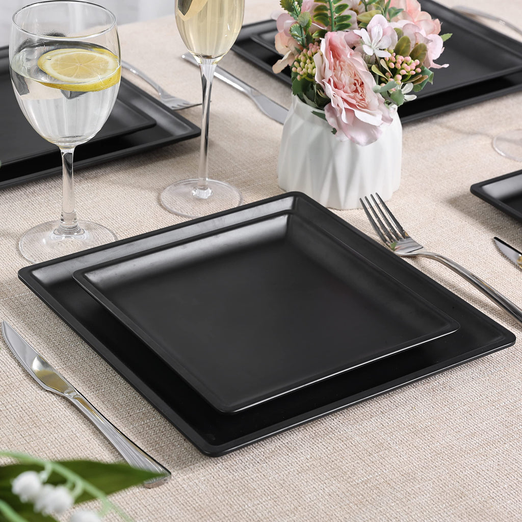 12 Piece Melamine Plates and Bowls Sets,Black Square Dinnerware Set for 4
