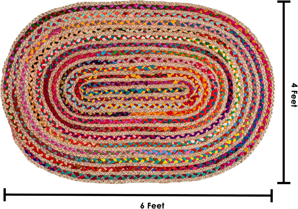 Farmhouse Jute Cotton Chindi Rug 4x6 Oval Multicolor, Handwoven Braided Area Rug
