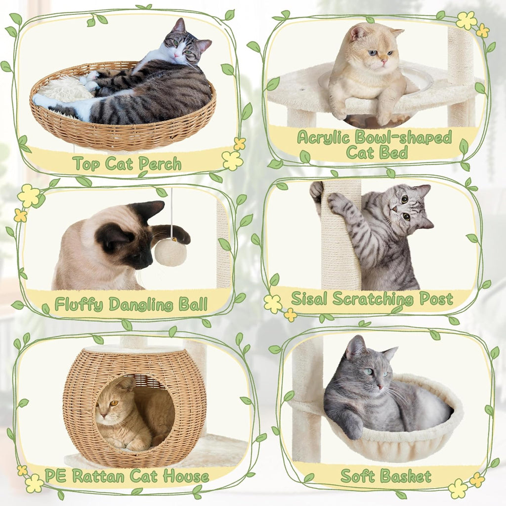 54in Rattan Cat Tree Tower with Woven-Style Nest and Hammock