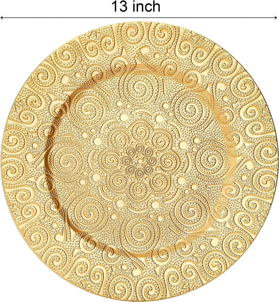 Gold Charger Plates, 13 Inch Plastic Dinner Plate, Reusable Round Phoenix Pattern Elegant Serve Ware Plates - Set of 12