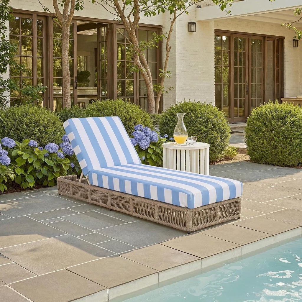 Outdoor Chaise Lounge Chair - Heather Tan & Baby Blue Stripe - Steel and Woven Rope - Adjustable 5-Position