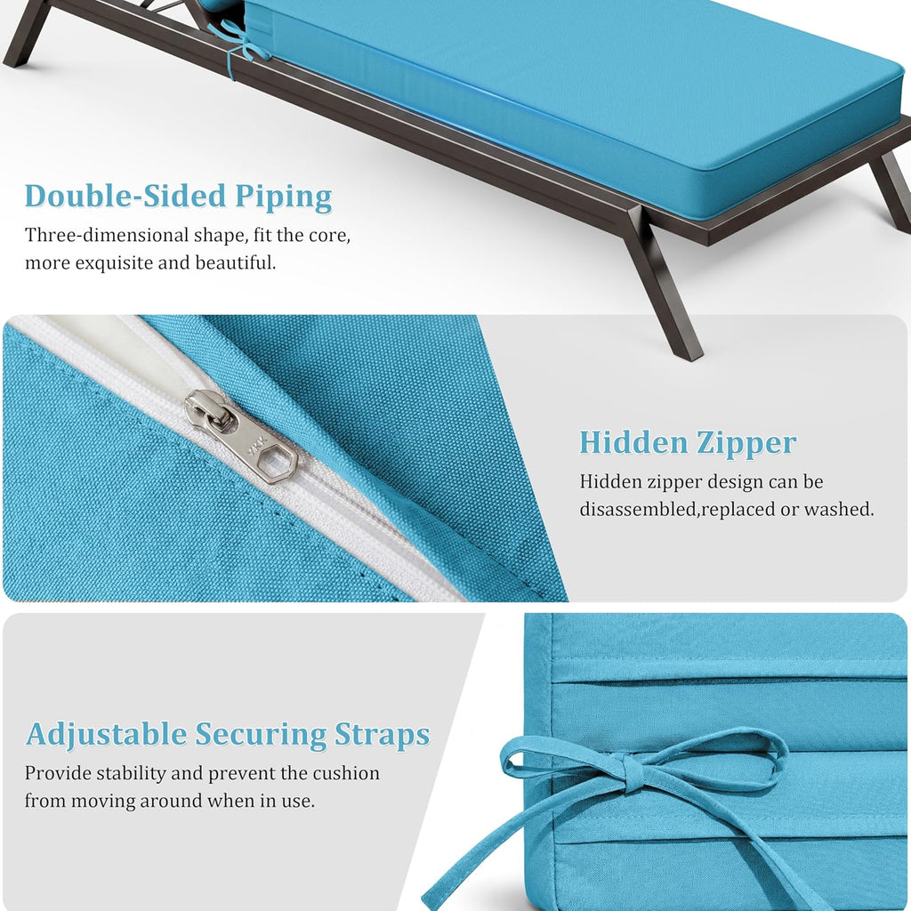 Outdoor Chaise Lounge Cushions Set of 2,Waterproof & Fade-Resistant Lounge Chair Cushion with Removable Cover & Tie