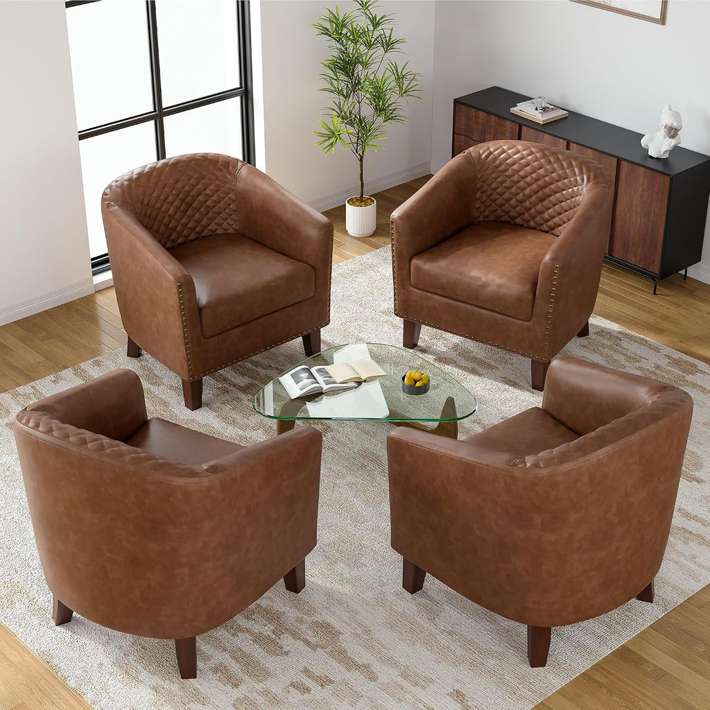 PU Leather Barrel Accent Chairs, Upholstered Armchair, Brown - Set of 2