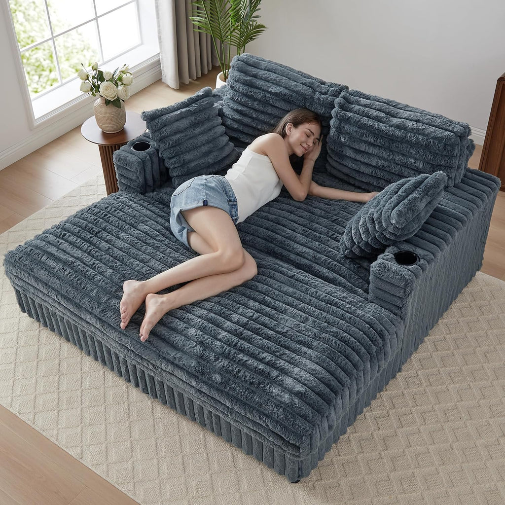 60.43'' Oversized Chaise Lounge Chair Indoor, Grey | Plush Faux Rabbit Fur, Sleeper Sofa Bed with 4 Pillows, Charging