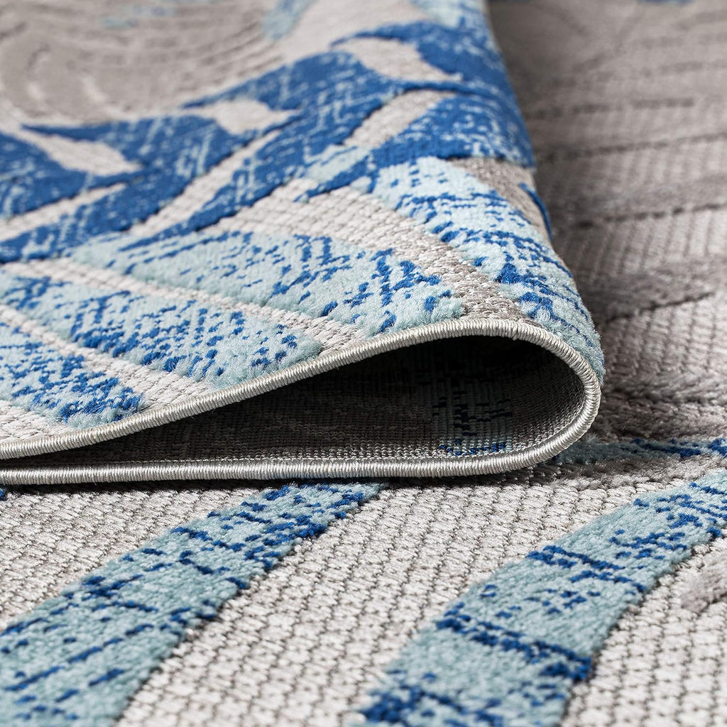 Tropical Leaves Square Rug Gray/Blue, Coastal Indoor Outdoor Rug