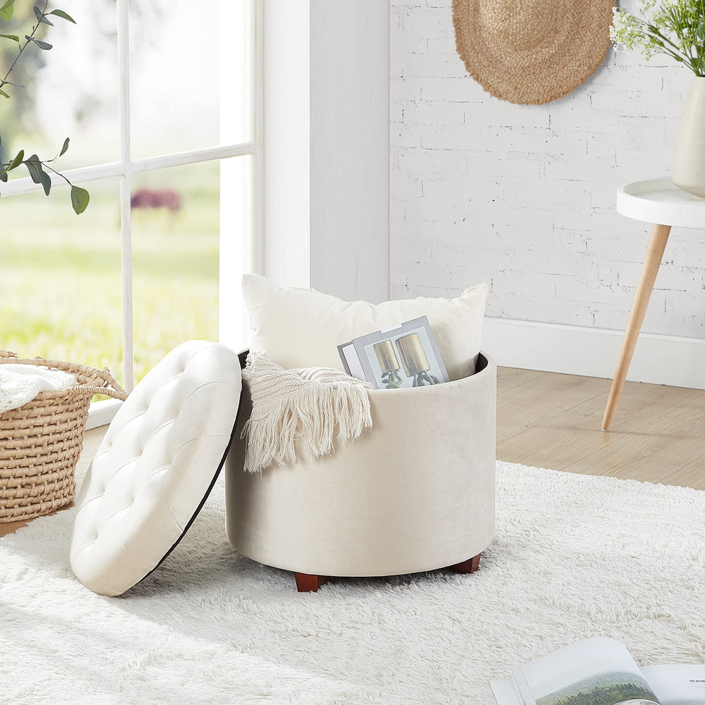 18" Round Storage Ottoman with Lid, Holds 300 lbs, Cream
