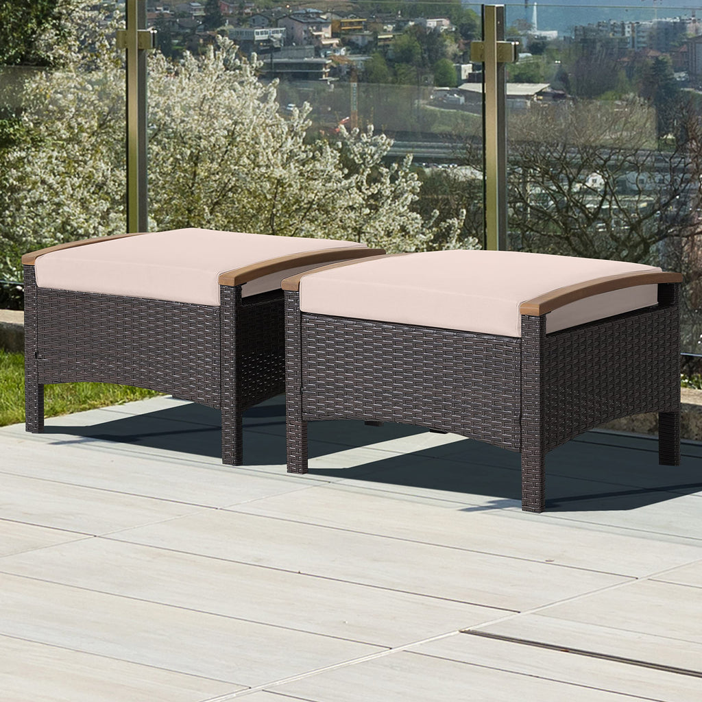 Set of 2 Outdoor Patio Ottoman PE Rattan Wicker Ottomans with Removable Cushions and Solid Acacia Wood Handle Outdoor