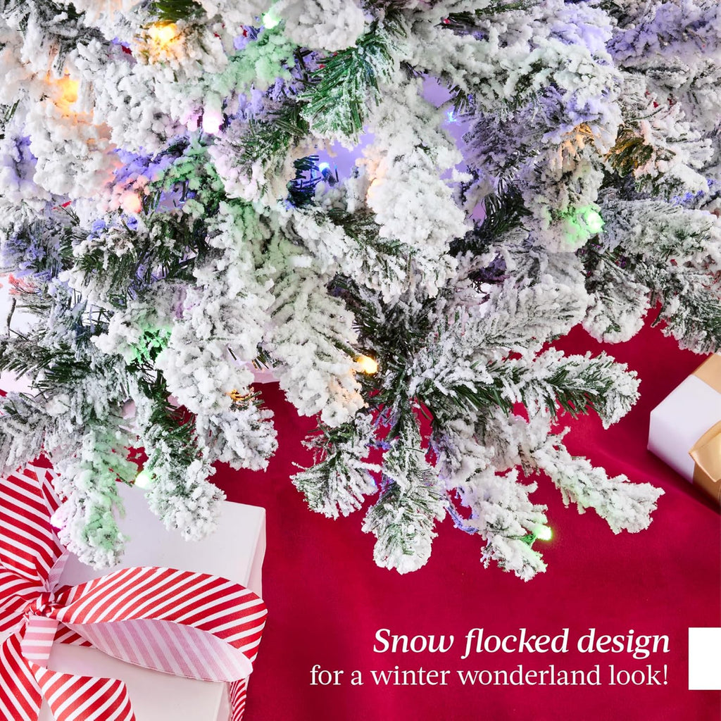 Flocked Pencil Christmas Tree, Pre-Lit Slim Artificial Holiday Decoration, 2-in-1 White & Multicolor Lights